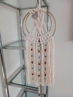 Handmade Macrame Wall Hanging with Beaded Fringe - Cream, Red & Blue